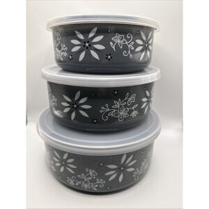 Temptations Stainless Steel Bowls With Lids/ Set of 3 Old World/Floral Lace Gray
